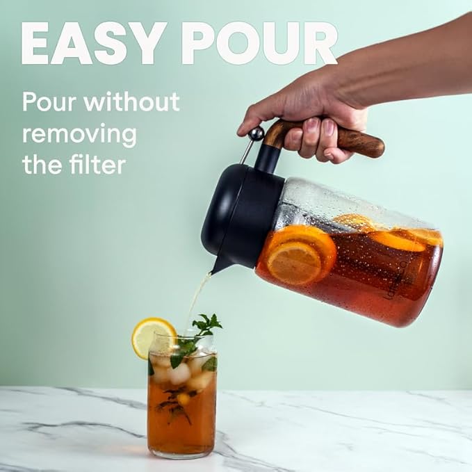LAFEECA Iced Tea Maker and Infuser - Large Jug with Airtight Lid for Cold Brew - Stainless Dual Ultra Filter - Tritan Pitcher - 2000 ml / 68 oz - Black