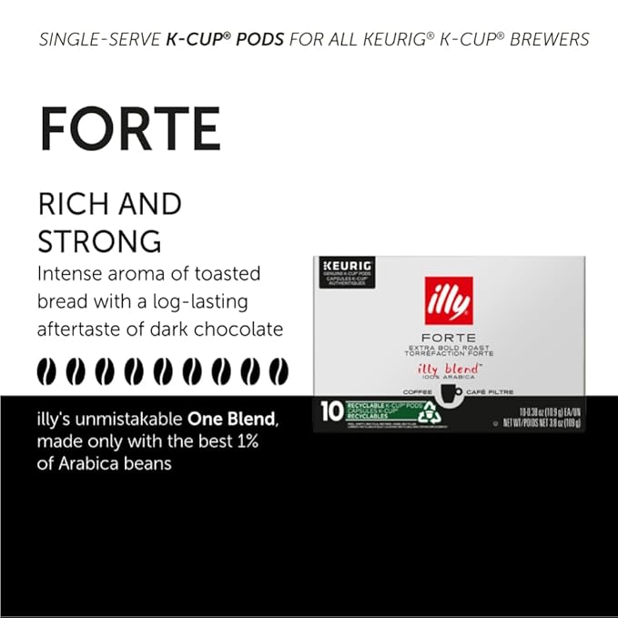 Illy Coffee K Cups - Pods For Keurig Machines – Forte Dark Roast – Toasted Bread & Dark Chocolate - Rich, Flavorful & Strong Flavor - No Preservatives – 10 Count, 6 Pack