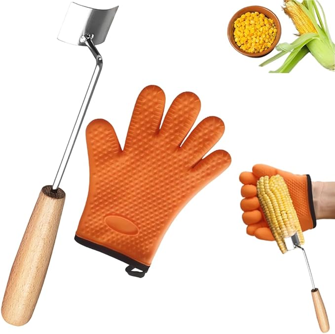 Wooden Handle Corn Peeler with Wear Silicone Gloves - Non Slip Grip for Safe Corn Kernel Removal, Stainless Steel Corn Peeler Cob Stripper for Peelers for Kitchen
