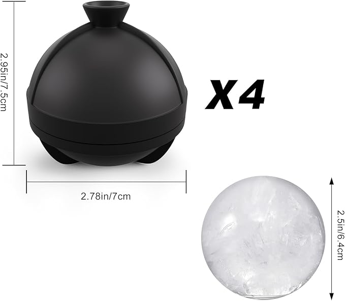 Samuelworld Large Ice Ball Maker with Lid, 4 x 2.5 Inch Round Silicone Ice Ball Mold, BPA Free, Easy To Fill Round Silicone Ice Tray, Craft Ice Maker for Whiskey, Cocktails, Gifting - Black