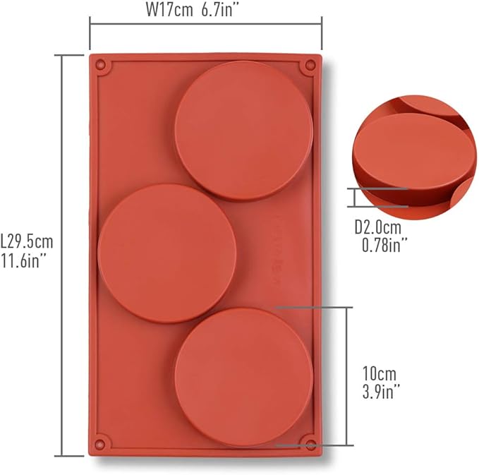 homEdge 3-Cavity Disc Shape Silicone Mold, 3 Packs Disc Cake, Gustard, Resin Coaster, Tart, Handmade Soap Molds-Brown