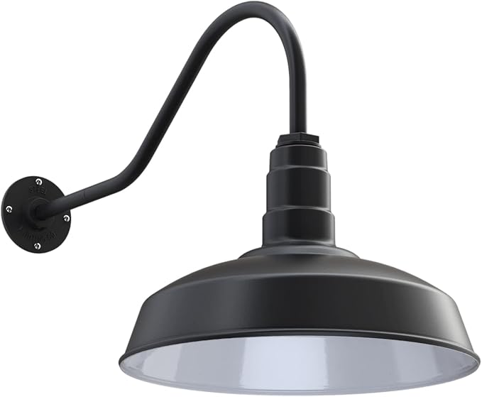 Steel Lighting Co. Gardena Barn Light | Outdoor Wall Mounted | 16" Dome | 23" Gooseneck | Farmhouse Light Made in America | Matte Black Exterior/White Interior