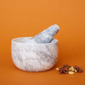 Kitchen Utensils & Gadgets, Seasoning & Spice Tools, Mortar Pestle Set, Grinder for Spices and Herbs, Kitchen Countertop, Small Spaces, Aesthetic, Sturdy, Round, 5" Wide, Gray White Marble Stone