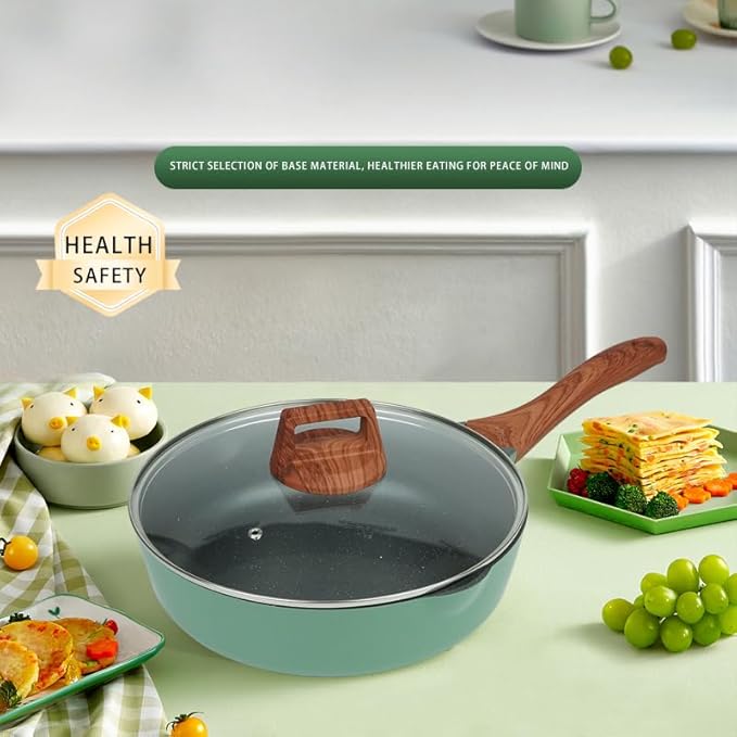 Frying Pans Nonstick with Lid, 10.2 Inches Skillets and Frying pan, Granite Cooking Pan with Pour Spout, Non Toxic Frying Pan for Stove, Induction, Gas, Pb, Cd PFOA Free (Green, 10.2 Inches)