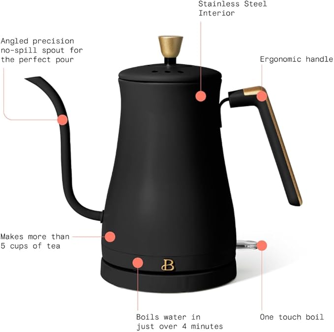 Beautiful 1L Electric Gooseneck Kettle, Precision Pour Spout, 1200W Fast Boil, Auto Shut-Off, Cordless, Stainless Steel, Tea & Coffee Maker with Ergonomic Handle, Matte Finish (Black Sesame)