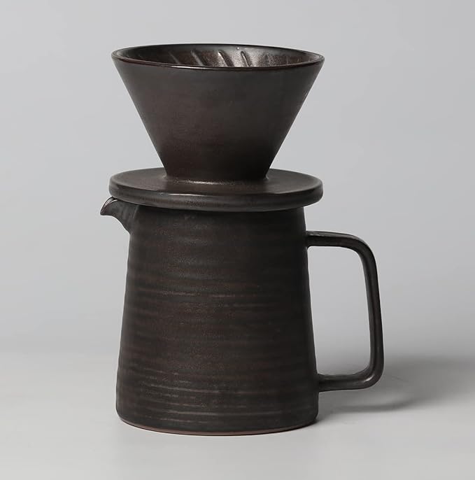 Stoneware Handmade Pour Over Coffee Maker Set, Ceramic Coffee Brewer Hand Drip Cone Dripper & Coffee Pot Microwaveable Decanter, Retro Metallic Glaze, 16oz