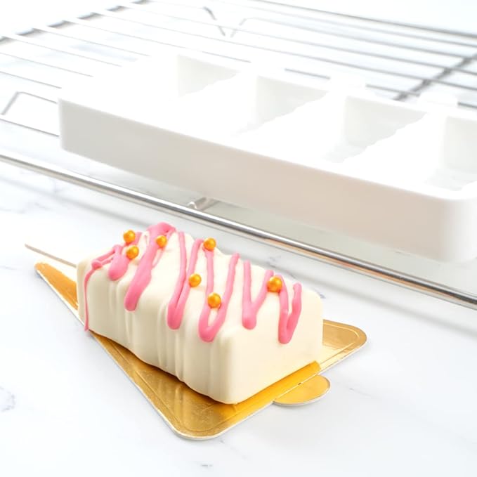 Pastry Tek 4 Cavities Popsicle Mold, 1 Rectangle Cakesicle Mold - Flexible, Freezable, White Silicone Cake Popsicle Mold, Easy Release, For Baking - Restaurantware