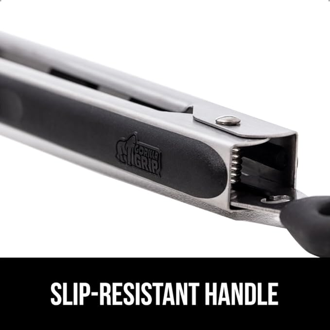 GORILLA GRIP Stainless Steel Heat Resistant Kitchen Tongs for Cooking, 12 + 14 Inch Set of 2 BBQ Tong, Non Scratch Silicone Tip for Pan, Strong Grip, Grab Food, Toss Salad, Air Fryer, Pull Lock, Black