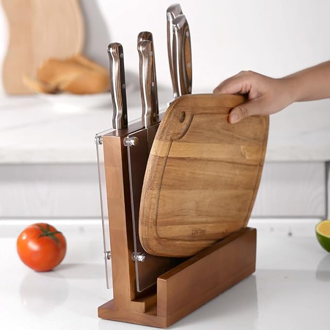 Magnetic Knife Block with Acrylic Shield, Double-Sided Kitchen Knife Holder, Acacia Wood, Universal Storage Organizer