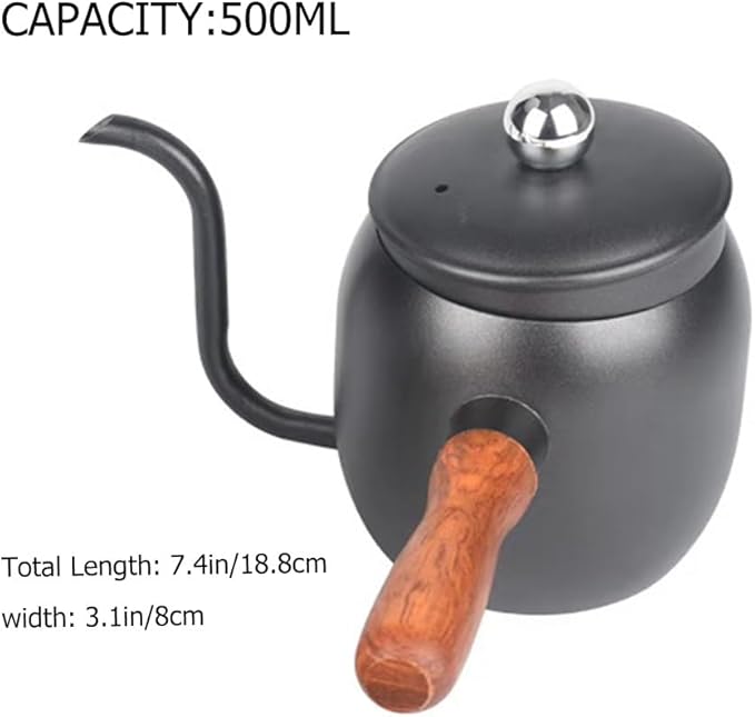 STOBOK 1Pc Japanese Style Gooseneck Coffee Kettle, 500ml Stainless Steel Drip Pot with Wooden Handle for Home, Office, Coffee Shop, Black
