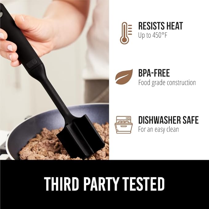 GORILLA GRIP Patented Heat Resistant Meat Chopper, Soft Handle, Nonstick Hamburger Smasher, Break Apart Food, Safe on All Cookware Ground Beef Grinder, Non Scratch Potato Masher Kitchen Tool, Black