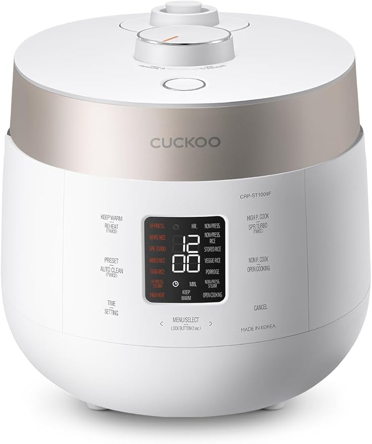 CUCKOO Twin Pressure Rice Cooker 10-Cup Uncooked / 20-Cup Cooked with Nonstick Inner Pot, Large Rice Maker & Warmer with 16 Menu Options, Open Cooking Mode, Voice Guide, White (CRP-ST1009FW)