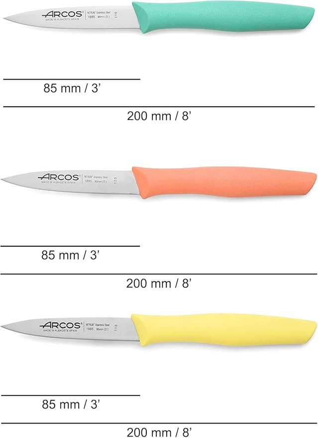Arcos Paring Knife Set of 3 Pieces 4 Inch Stainless Steel. Colorful Kitchen Knives for Peeling Fruits and Vegetables. Ergonomic Polypropylene Handle. Series Nova. Color Orange, Yellow and Blue.