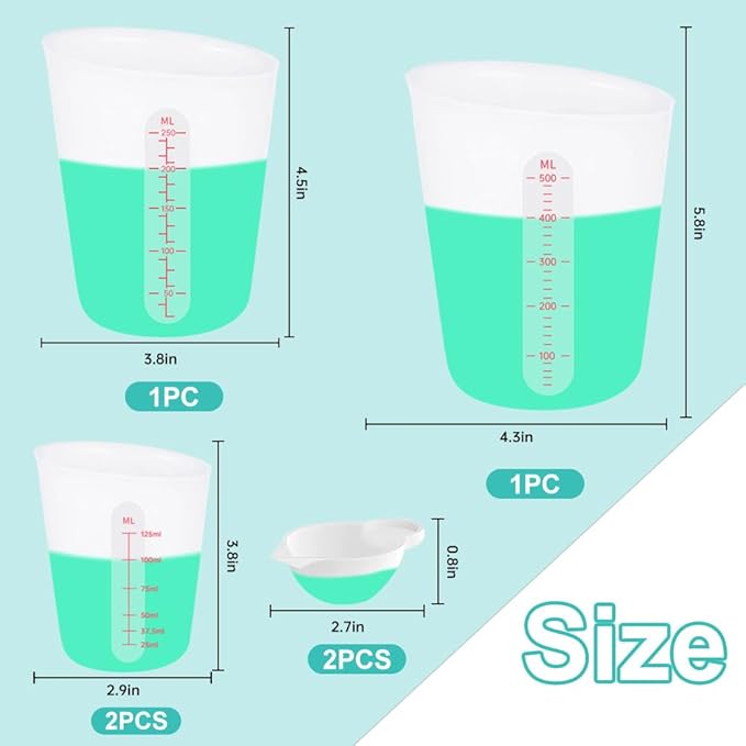 6 PCS Silicone Cup Set, 500ml, 250ml and 125ml for Epoxy Silicone Measuring Cups, Non-Stick Mixing Cups, Casting Molds, Jewelry Making, Silicone Measuring Cups with Marking Ounces/ml