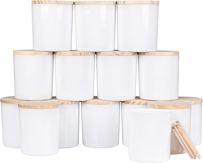 10 OZ Thick Candle Jars for Making Candles 15 Pcs, Empty Jars with Wood Lids for Candle Making, Sample Container, Light White