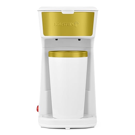 Holstein Housewares Personal Coffee Maker with 14oz Travel Mug – Compact One-Touch Brew Machine with Reusable Filter, Auto Shut-Off, Non-Stick Plate, Ideal for Home, Office, or Dorm. White & Gold