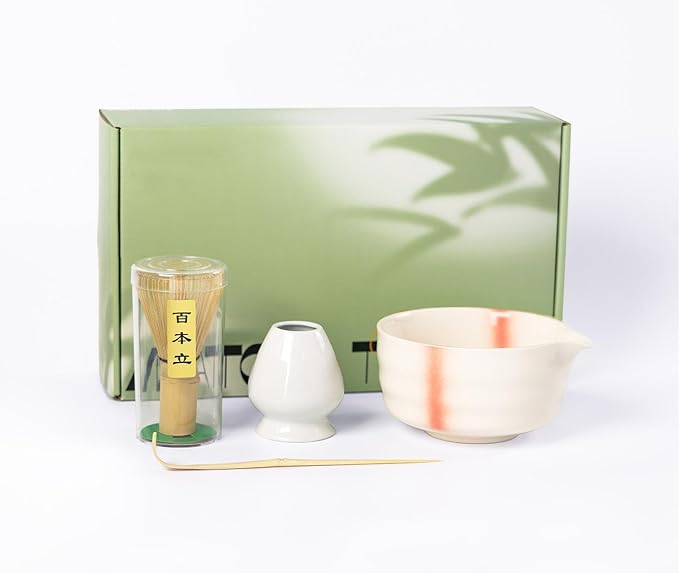 Matcha Whisk Set,Ceramic Matcha Set,with Ceramic Bowl,Bamboo Whisk&Holder,Scoop,Authentic Japanese Matcha,for Matcha Lovers,Gift for Family/Friend(Spotted Pink)