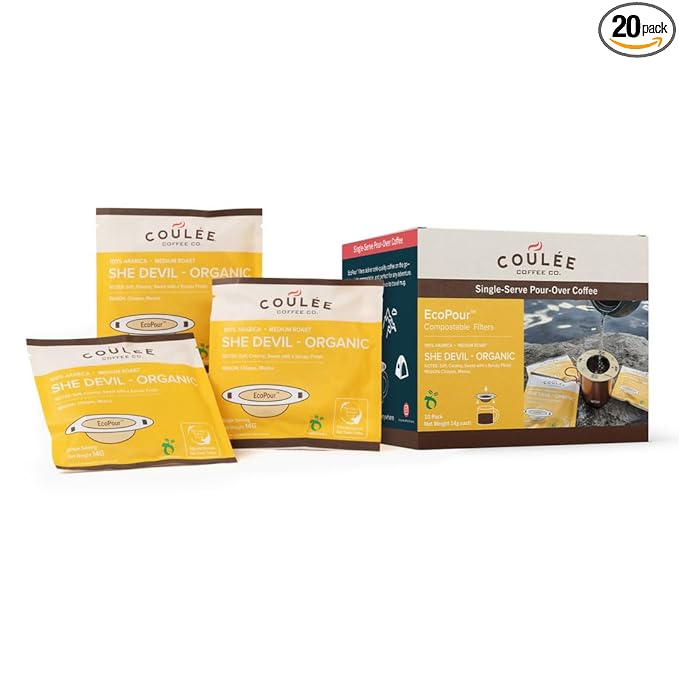 Coulée EcoPour She Devil Coffee, Single Serve Arabic Coffee, Medium Roast, Use for Camping or Traveling, Pre Filled Compostable Filters, Ready to Brew with Hot Water, 10 Pack