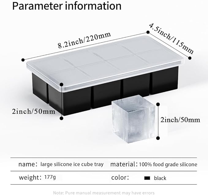 2 Pack Large Ice Cube Trays for Whiskey, Big Silicone Ice Cube Trays 2 inch Square Cubes, Huge Square Ice Cube Maker, Silicone Molds for Whiskey, Bourbon, and Cocktails, BPA-Free & Dishwasher