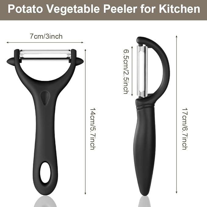 AUAUY 2PCS Potato Peeler, Y and I-Shaped Swivel Vegetable Peeler Set, Fruit Peeler for Kitchen, Non-Slip Grip Peeler, Ergonomic Handle Sharp Blade Stainless Steel Peeler（Black）