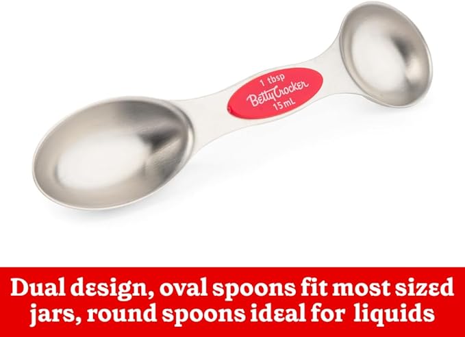 Betty Crocker Measuring Cooking Bundle includes a set of five measuring spoons and five measuring cups. The spoons have a dual design and magnetic snap for easy storage.