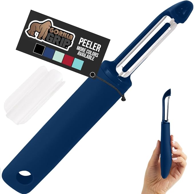 GORILLA GRIP Patented BPA-Free Sharp Stainless Steel Dual Swivel Vegetable Peeler, Soft Comfortable Handle, Smoothly Peel Apples, Potatoes, Carrots, Includes Blade Cover, Kitchen Tool Peelers, Blue