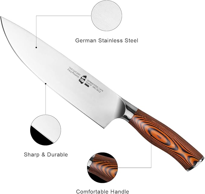 TUO 17 PCS Kitchen Knife Set for Kitchen with Block, German X50CrMov15 Steel Blade Knife Block Set, Full Tang Pakkawood Handle