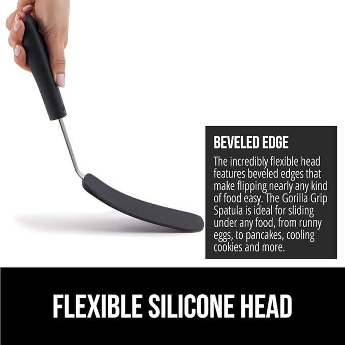 GORILLA GRIP Patented BPA-Free Non-Scratch Spatula, Heat Resistant Silicone Head for Nonstick Cooking Pans, Soft Rubber Handle, Kitchen Spatulas for Flipping, Holiday Prep Essentials, 11.6 in, Black
