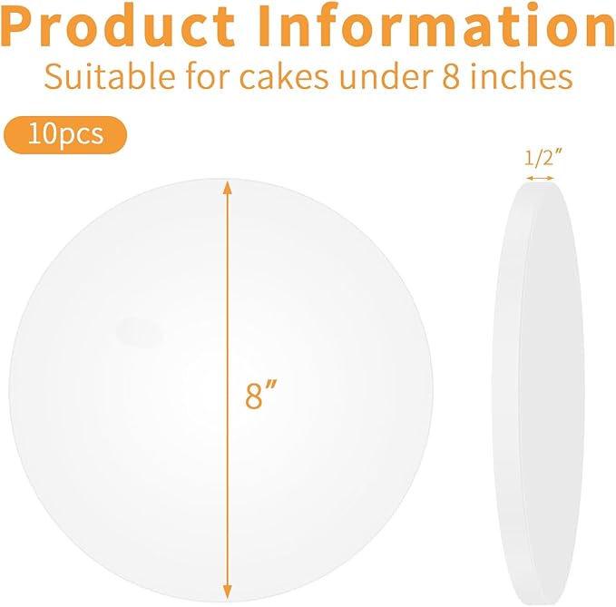 10Pcs Cake Drums 8 Inch, Cake Boards 8In,White Cake Drums Round 8 Inches Cake Boards with 1/2-Inch Thick Smooth Edges for Multi Tiered Birthday Wedding Party Cakes Drum Board (8inch/10pcs)