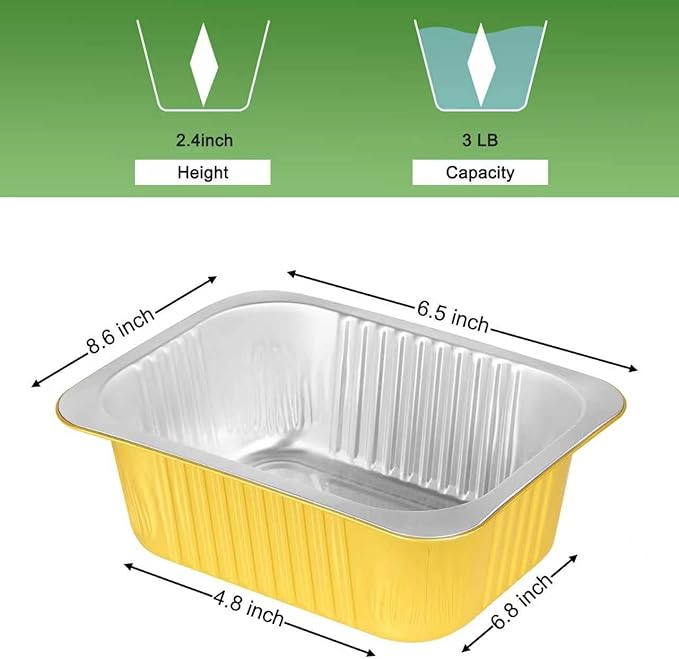 40 Pack 3LB Gold Aluminum Foil Pans with Lids Heavy Duty 8.6"×6.6"×2.4" Foil Food Containers with Lids, Tin Foil Pans for Baking, Meal Prep, Freezer, Heating and Takeout