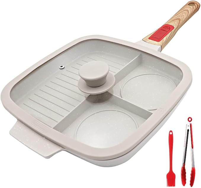 3 Section Grill Pan for Stove Tops with Detachable Handle, Nonstick Versatile Griddle Pan with Lid, Square Skillet PFOA Free, White