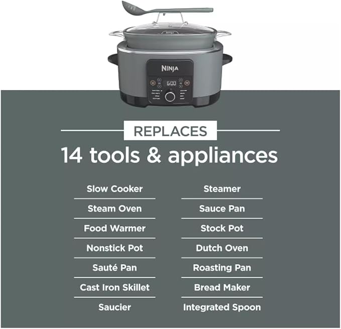 Ninja Foodi PossibleCooker PRO 14-in-1 8.5 Qt Multi-Cooker – Replaces 14 Tools, Nonstick Pot, Glass Lid & Integrated Spoon (Gray)