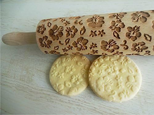 Rolling pin HIBISCUS. Wooden embossing rolling pin with Oriental flowers. Embossed cookies. Pottery. Birthday gift. Gift for mother