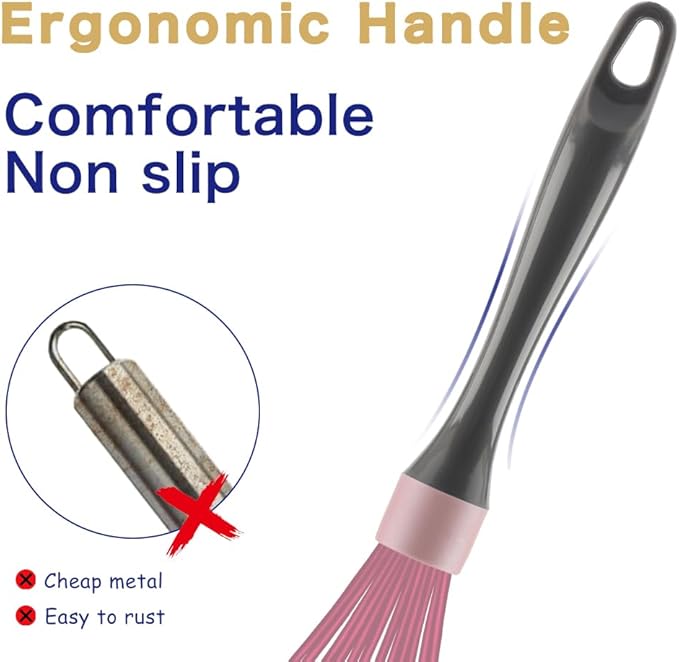 Pink whisk, Dishwasher Safe Wisk, Professional Whisks For Cooking Non-Scratch, Stainless Steel & Silicone Wisk, Plastic Rubber Whisk Tool For Nonstick Cookware Pans, Heat Resistant Whisk 12-Inch