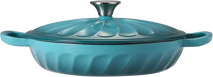 Enameled Cast Iron Braiser, 3.8 Quart Enamel Dutch Oven with Handles, Cast Iron Braiser Pan with Lid,Enameled Cookware (BlueGreen)