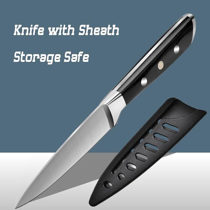 Paring Knife 3.5 inch Small Kitchen Knife Manual Sharpened 5Cr15Mov Stainless Steel Fruit Knife Full Tang with 3 Rivets in Ergonomic Pakkawood Handle