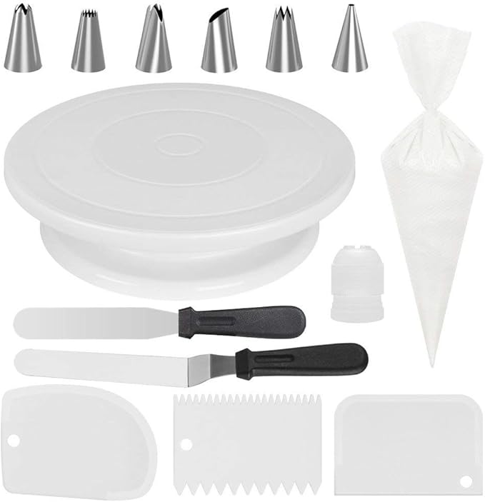 11 Inch Rotating Cake Turntable, 68pcs Stand Smoothly Revolving Spinner, Decorating Kit Display Stand, Baking Tools Accessories Supplies for Cookies Cupcake (White-63Pcs)
