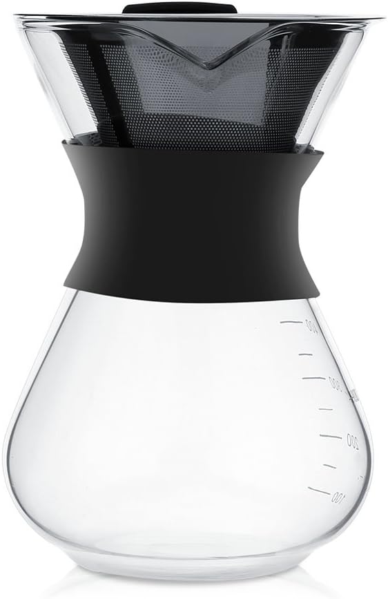 Zopsc 400ml Manual Hand Drip Glass Coffee Maker Pot with Stainless Steel Filter, Marks, Fine Mesh, Suitable for Kitchen, Dining Table, Easy to
