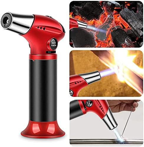 Blow Torch, Professional Kitchen Cooking Torch with Lock Adjustable Flame Refillable Mini Blow Torch Lighter for BBQ, Baking, Brulee Creme, Crafts and Soldering(Butane Gas Excluded)