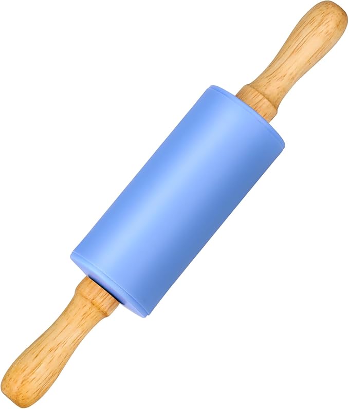 Mini Silicone Rolling Pin for Kids, Non-stick Surface Wood Handle, 9 Inch 1 Pack Blue