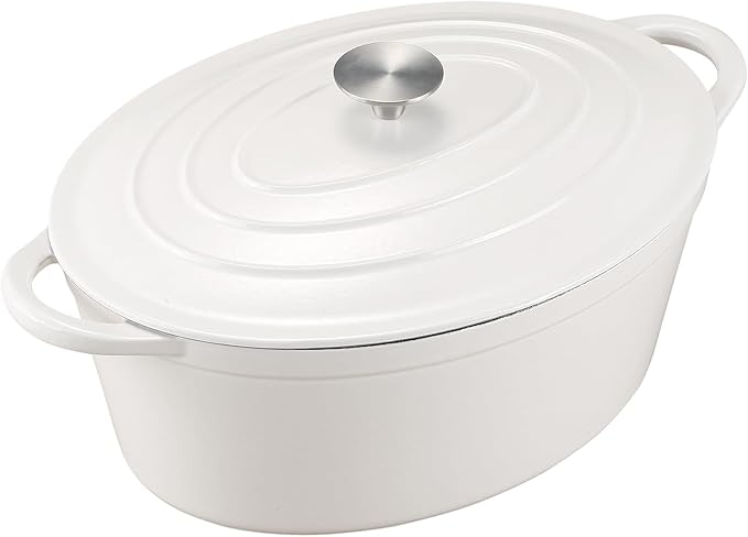 Enameled Cast Iron Oval Dutch Oven, 7 qt Oval Dutch Oven Pot with Lid and Dual Handles for Braising, for Braising, Broiling, Bread Baking, Frying, White
