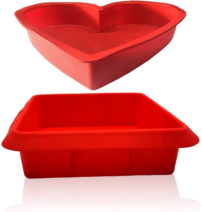 8x8 Inch Silicone Square Cake Baking Pan, Deep-Dish Roasting Lasagna and Casserole Baking Pan,+9.5in Silicone Heart Baking Bakeware Brownie Pan ,Non-Stick Easy Demoulding Set of 2-Red