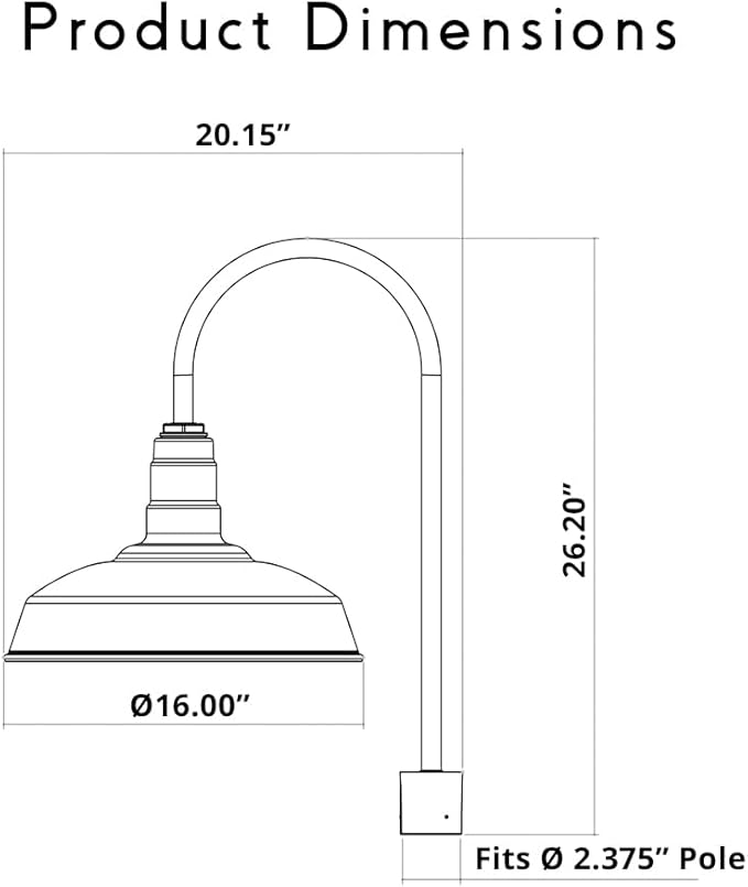 Steel Lighting Co. Gardena Barn Light | Outdoor Pole Top Mounted | 16" Dome | Upslope Gooseneck with Slip Fitter for 2-3/8" Standard Poles | Made in America | Matte Black Exterior/Brass Interior