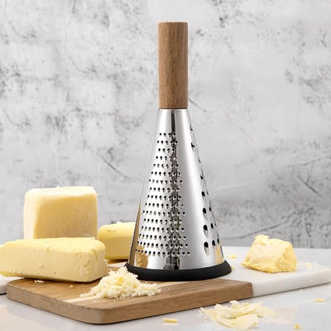 Ciieeo Stainless Steel Vegetable Grater with Wooden Handle - 3-Sided Cone Cheese and Fruit Shredder for Kitchen Use