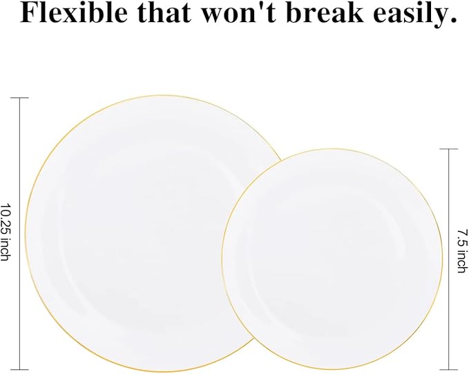 KIRE 100PCS Disposable Plates - White with Gold Rim for Thanksgiving Party/Wedding - Includes 50Pieces 10.25inch Dinner and 50Pieces 7.5inch Dessert/Salad Plates