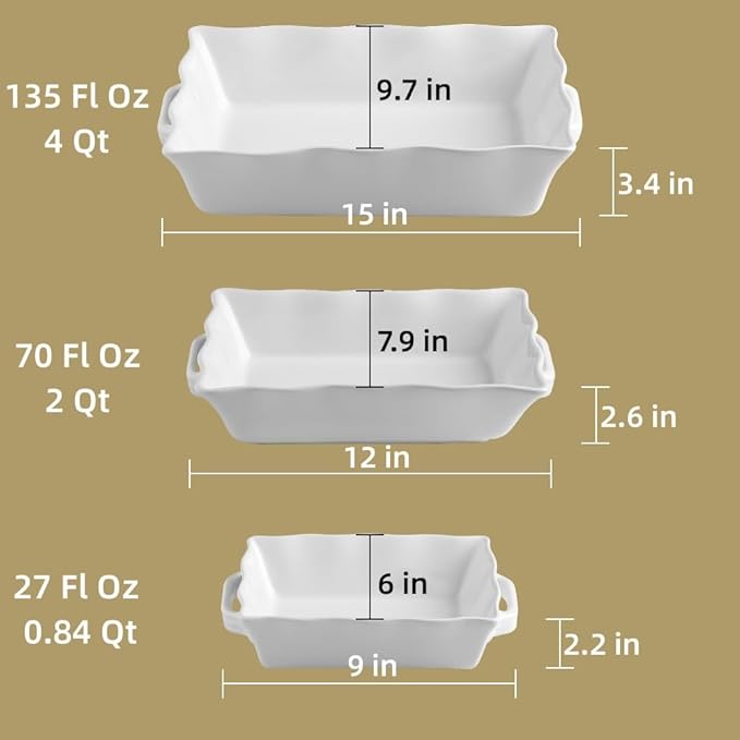 Sweejar Casserole Dishes for Oven, Ceramic Bakeware Set of 3, Rectangular Baking dish with Handles, Wave Edge Lasagna Pan Deep for Cooking, Cake, Dinner, Banquet and Daily Use (White)