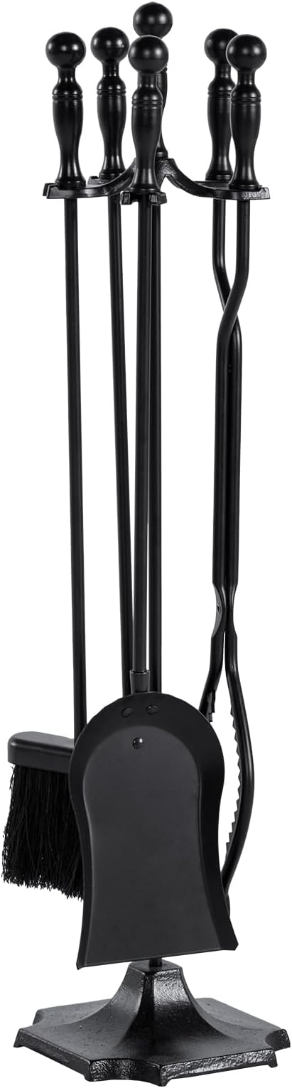 nalone 5 Pieces Fireplace Tools Set with Upgraded Tong, Heavy Duty Wrought Iron Fireplace Accessories Set with Poker, Tong, Shovel, Brush