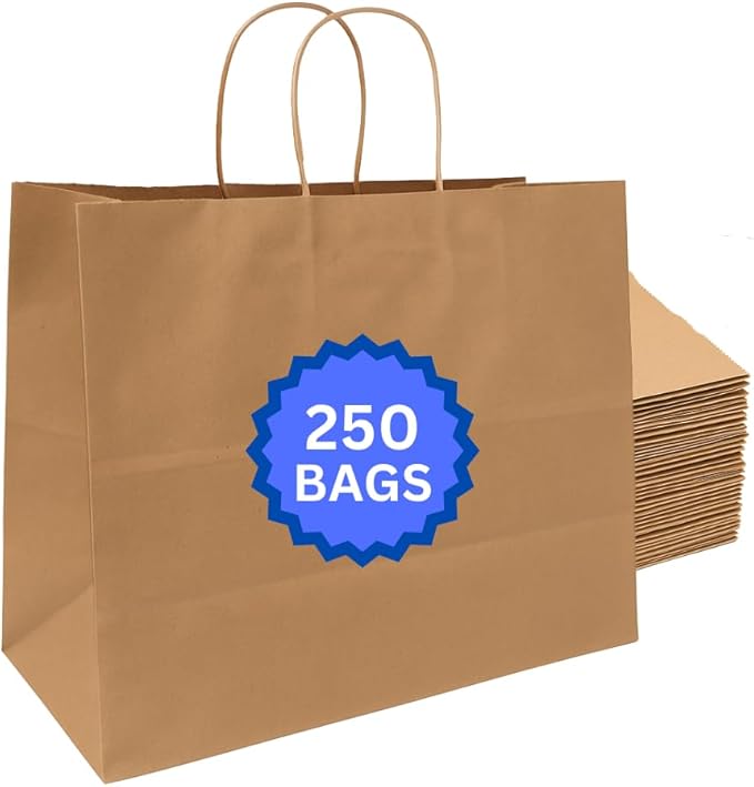 ASSUREPAK DIY Paper Bag - 250 units - Kraft Color - 16"x6"x12" - 74LB (110 GSM strong) Twisted Handle - Recyclable Food & Supermarket Bags for Decorating & Branding - 16612NKPAPTHDL