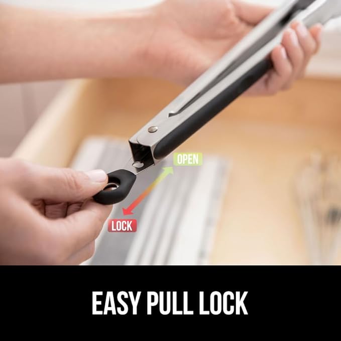 GORILLA GRIP Stainless Steel Heat Resistant Kitchen Tongs for Cooking, 7 + 9 + 12 Inch Set of 3 BBQ Tong, Non Scratch Silicone Tip for Pans, Strong Grip, Grab Food, Toss Salad, Pull Lock, Black