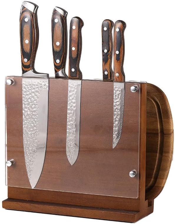 Magnetic Knife Block with Acrylic Shield, Double-Sided Kitchen Knife Holder, Acacia Wood, Universal Storage Organizer